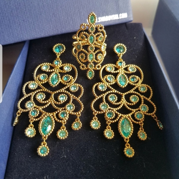 AUTHENTIC Swarovski 18k Gold Plated Azore Filigree Earrings & Ring SET - Picture 15 of 17